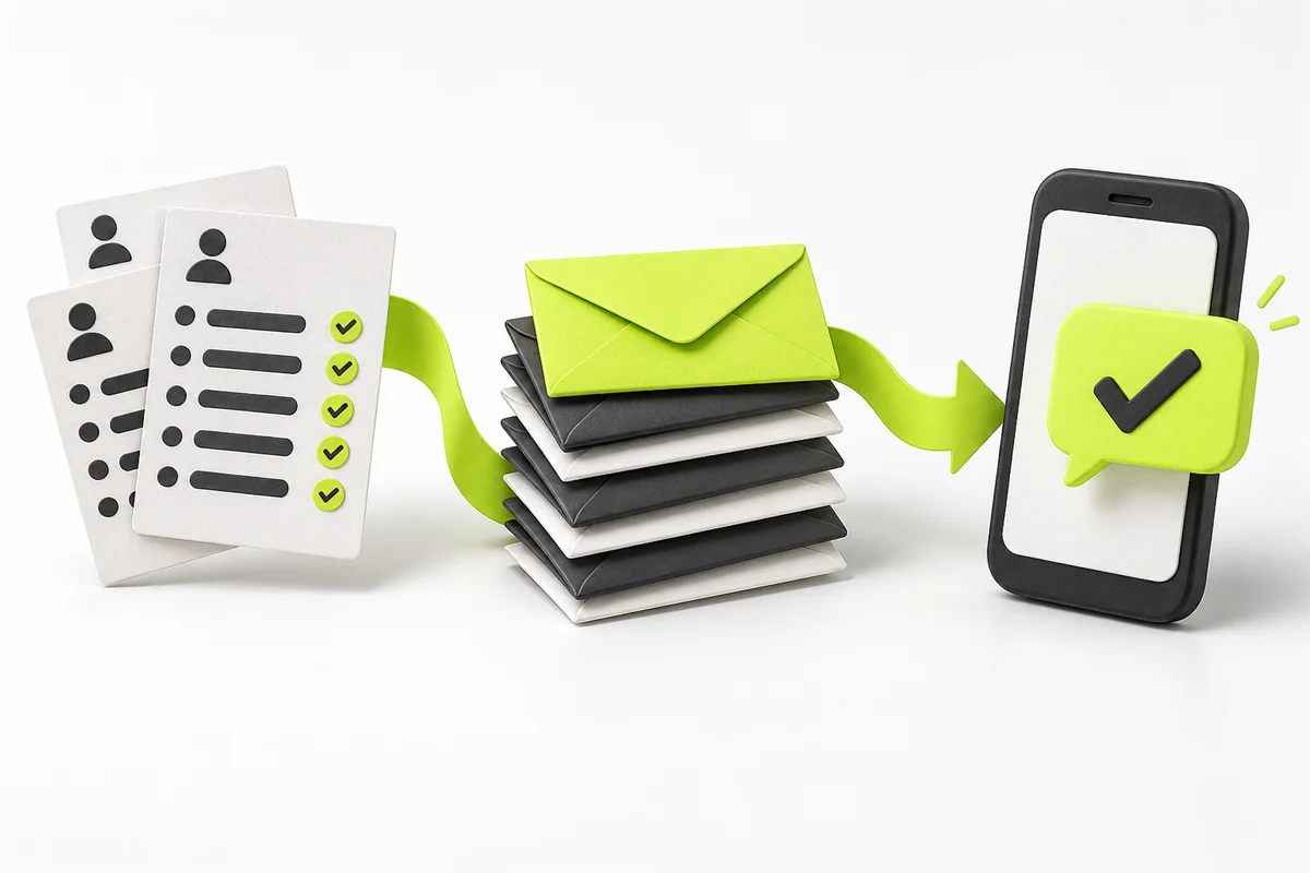 Illustration connecting staff attendance cards, pay envelopes and a message notification