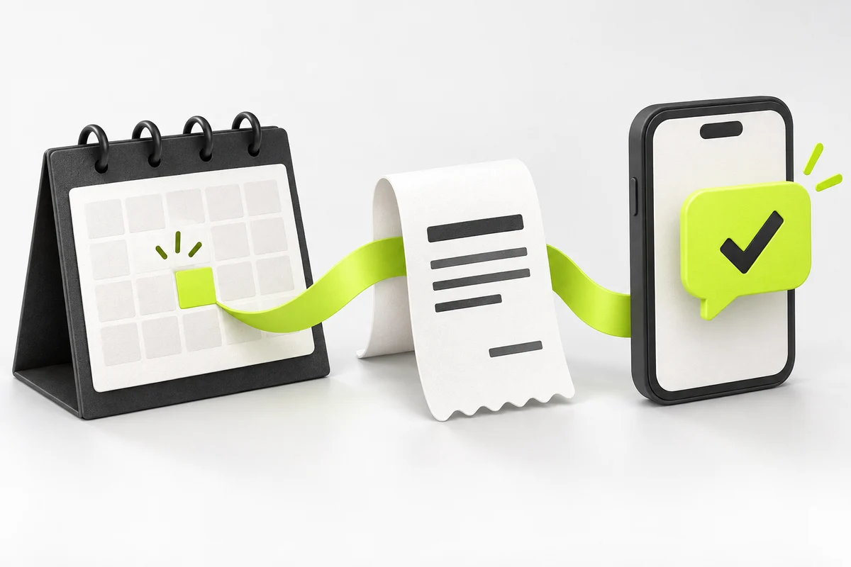 Illustration connecting an appointment calendar, a receipt and a message notification